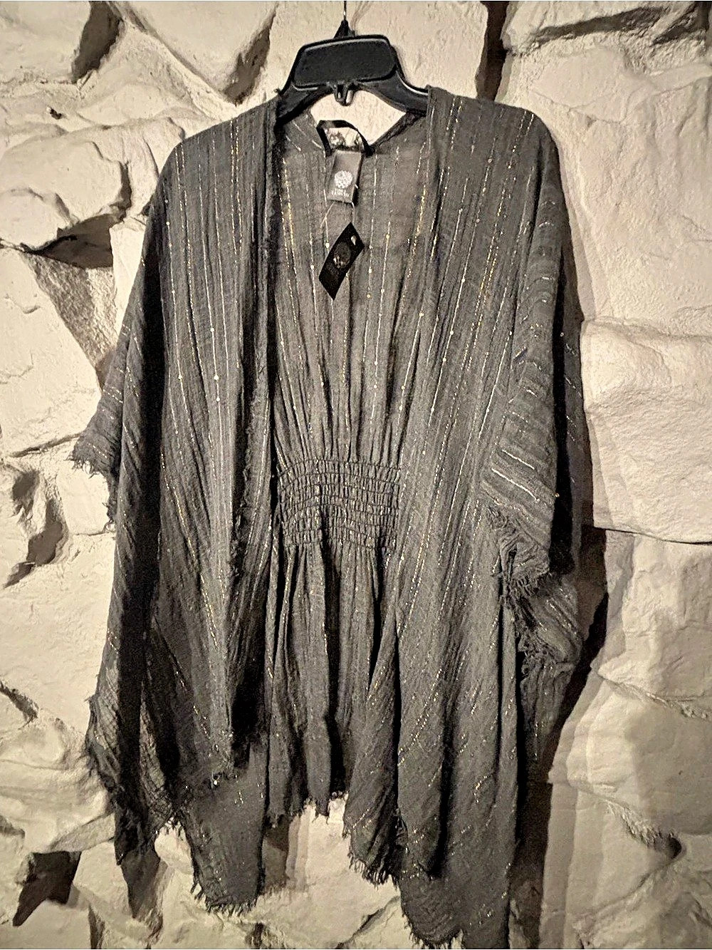 Vince Camuto Belted Metallic Topper with Fringe Black Tunic Medium